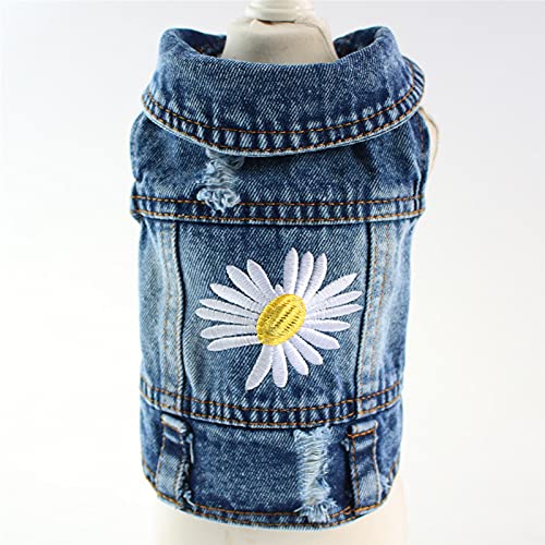Pawstrip Dog Denim Jacket with Embroidered Daisy – Vintage Ripped Jean Vest for Small Dogs, X-Large (Fits Chest 18.5")