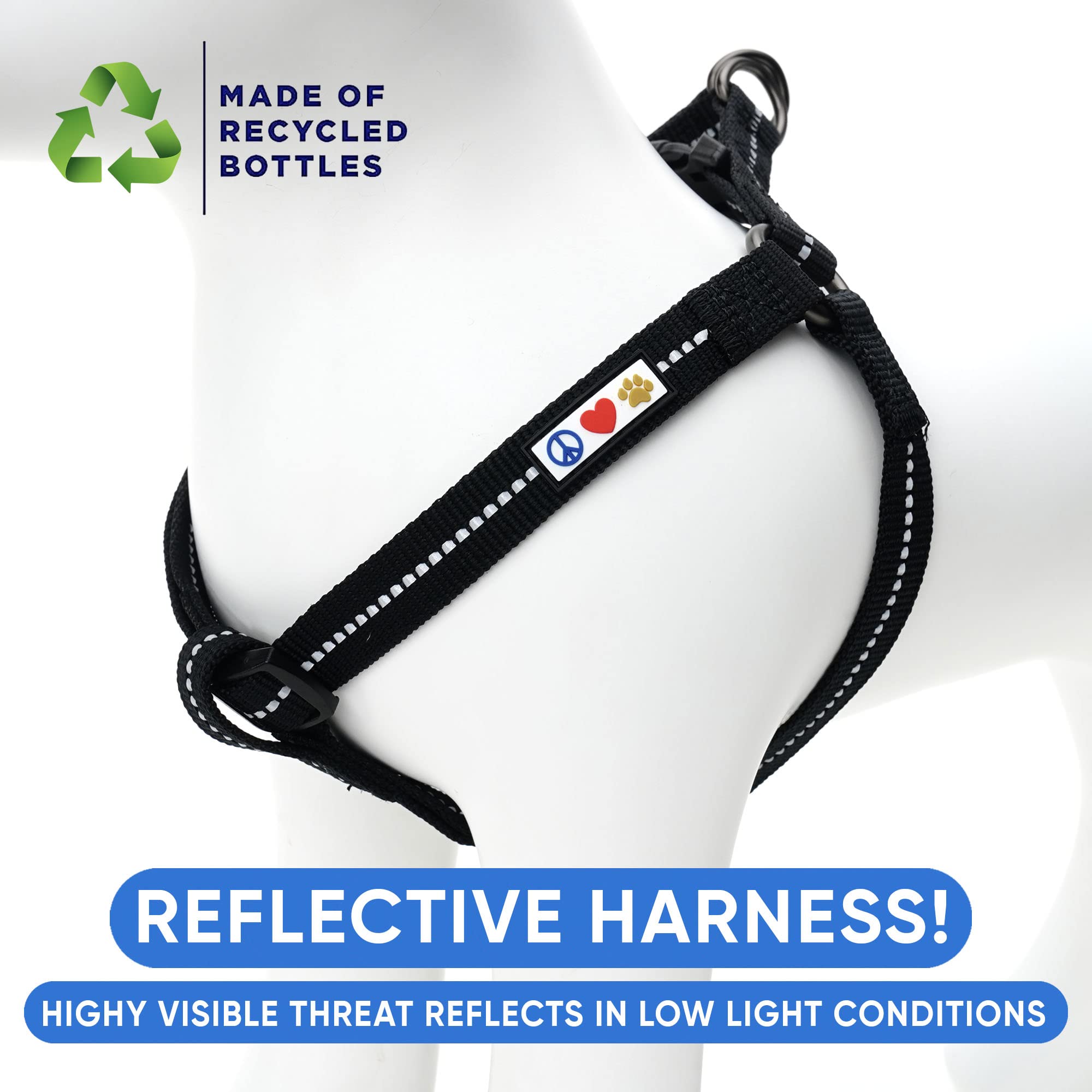 Pawtitas Recycled Reflective Step-in Dog Harness – Adjustable No-Pull Vest, Small Black, Made from Ocean Recycled Bottles