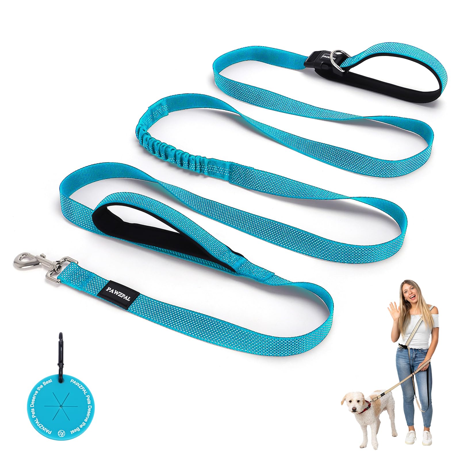 PAWZPAL 6-8FT Hands Free Leash for Dogs - Adjustable Waist/Crossbody, Reflective, Tangle-Free, Urban Walking, Jogging - Sky Blue