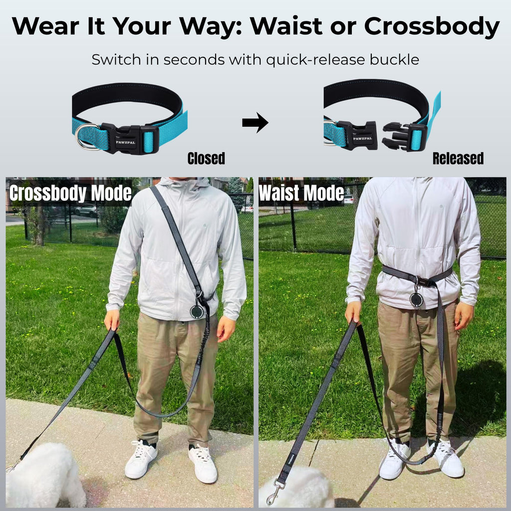 PAWZPAL 6-8FT Hands Free Leash for Dogs - Adjustable Waist/Crossbody, Reflective, Tangle-Free, Urban Walking, Jogging - Sky Blue