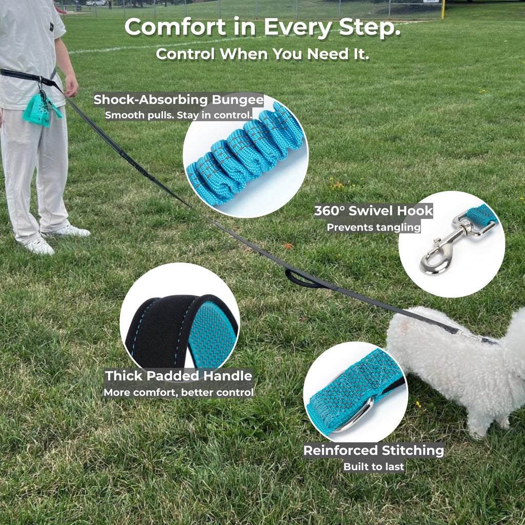 PAWZPAL Hands-Free Dog Leash 8-10ft - Adjustable Waist/Crossbody with Shock Absorption & Reflective Stitching for Hiking and Canicross (Aqua Blue)