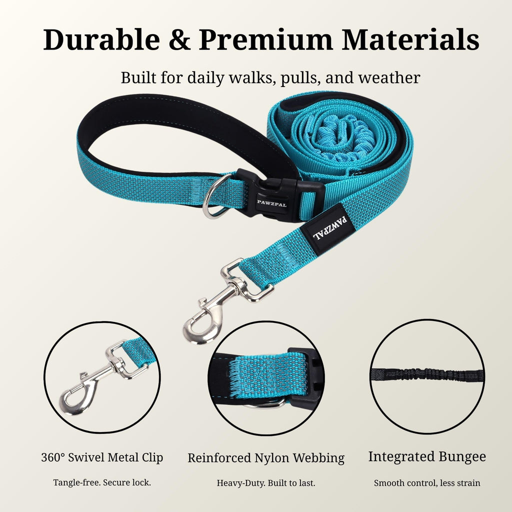 PAWZPAL Hands-Free Dog Leash 8-10ft - Adjustable Waist/Crossbody with Shock Absorption & Reflective Stitching for Hiking and Canicross (Aqua Blue)
