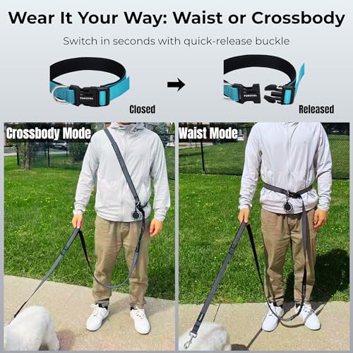 PAWZPAL Hands-Free Dog Leash 8-10ft - Adjustable Waist/Crossbody with Shock Absorption & Reflective Stitching for Hiking and Canicross (Aqua Blue)