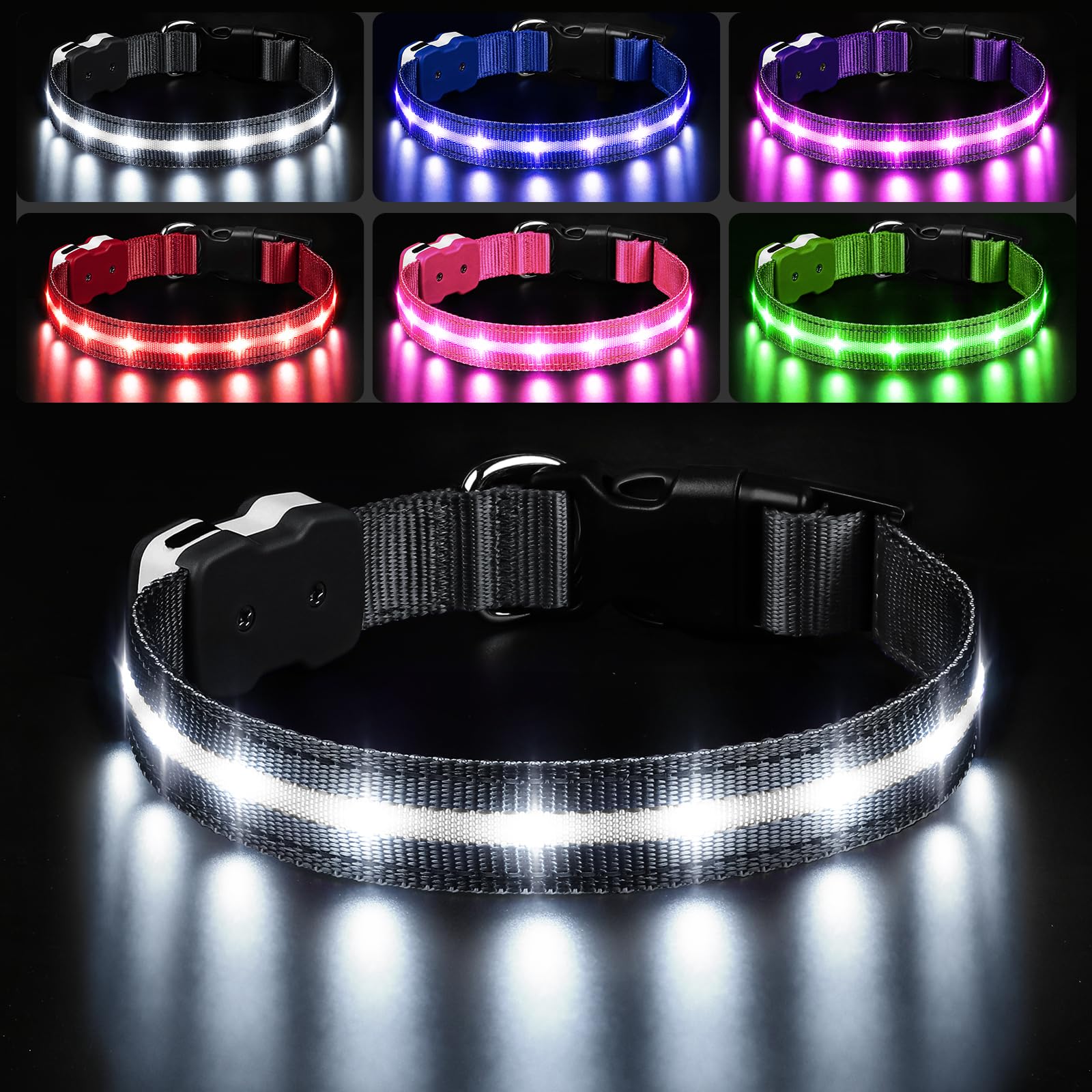 PcEoTllar LED Dog Collar, Rechargeable, Waterproof, 3 Flash Modes, Black, Adjustable for Small to Large Dogs