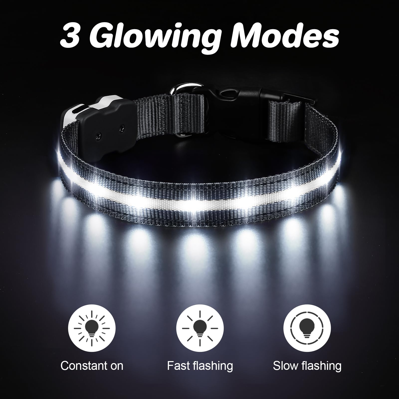 PcEoTllar LED Dog Collar, Rechargeable, Waterproof, 3 Flash Modes, Black, Adjustable for Small to Large Dogs