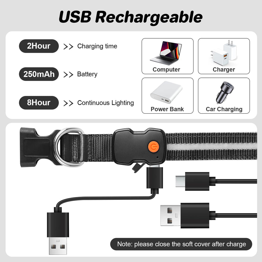 PcEoTllar LED Dog Collar, Rechargeable, Waterproof, 3 Flash Modes, Black, Adjustable for Small to Large Dogs