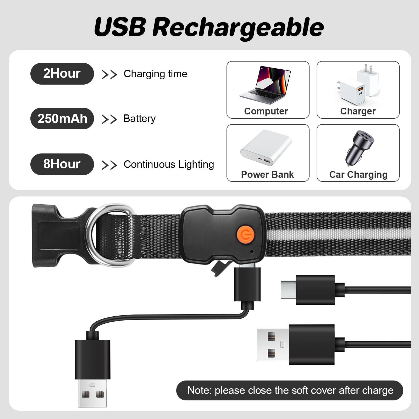 PcEoTllar LED Dog Collar, Rechargeable, Waterproof, 3 Flash Modes, Black, Adjustable for Small to Large Dogs