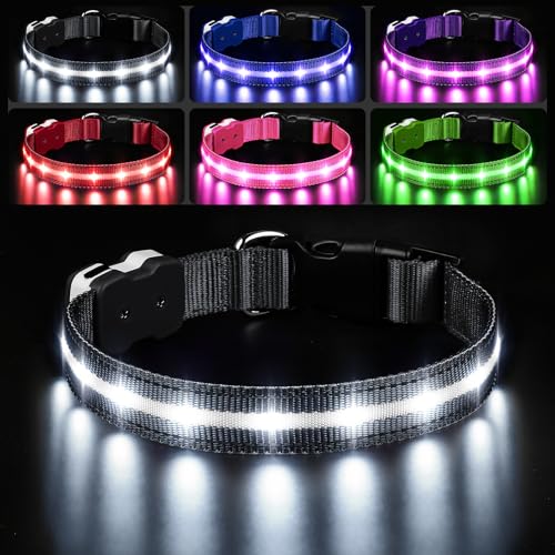 PcEoTllar LED Dog Collar, Rechargeable, Waterproof, 3 Flash Modes, Black, Adjustable for Small to Large Dogs