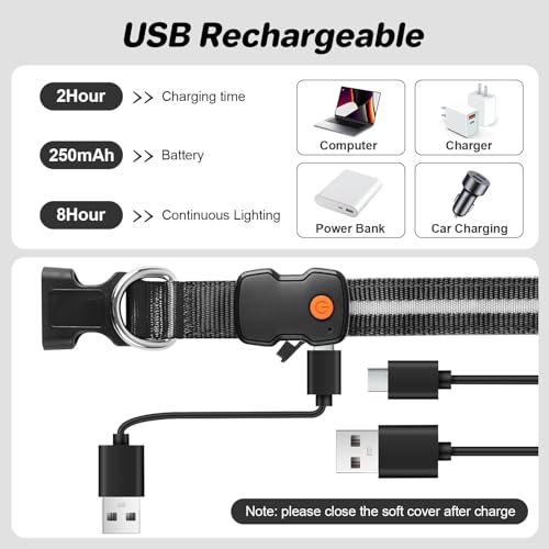PcEoTllar LED Dog Collar, Rechargeable, Waterproof, 3 Flash Modes, Black, Adjustable for Small to Large Dogs