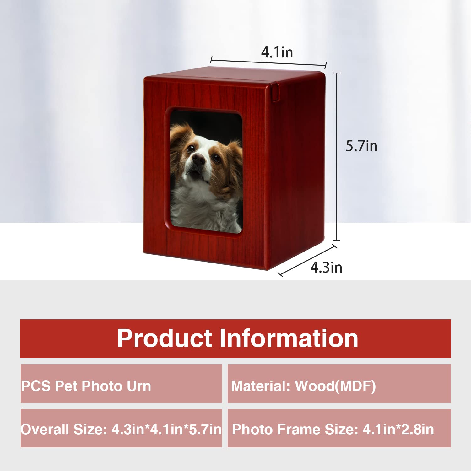 PCS Pet Urn for Dog Ashes - Medium Wooden Cremation Box with Photo Frame - Red