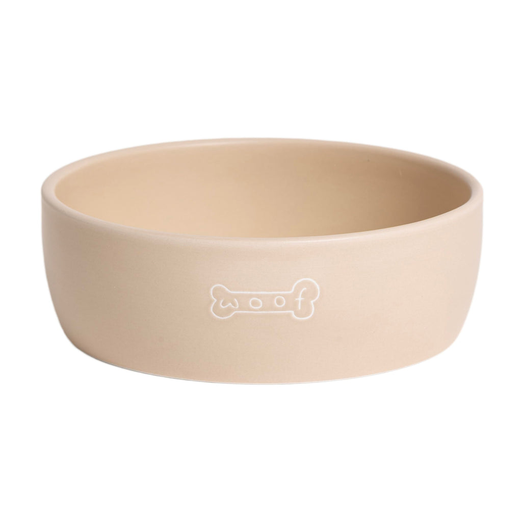 Pearhead Ceramic Dog Bowl, Neutral Taupe “Woof” Design, 3 Cup Non-Slip Stoneware