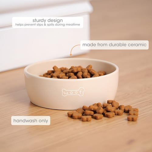 Pearhead Ceramic Dog Bowl, Neutral Taupe “Woof” Design, 3 Cup Non-Slip Stoneware