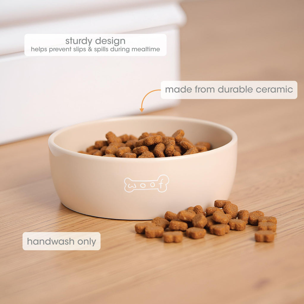 Pearhead Ceramic Dog Bowl, Neutral Taupe “Woof” Design, 3 Cup Non-Slip Stoneware