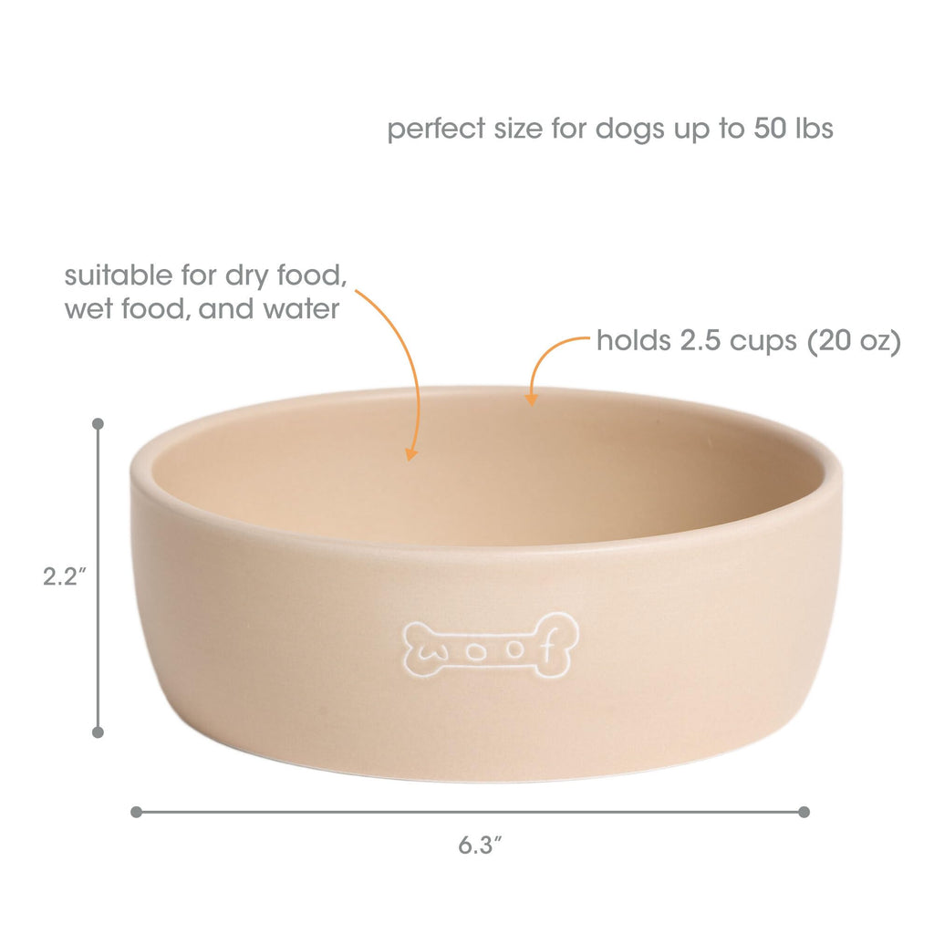 Pearhead Ceramic Dog Bowl, Neutral Taupe “Woof” Design, 3 Cup Non-Slip Stoneware