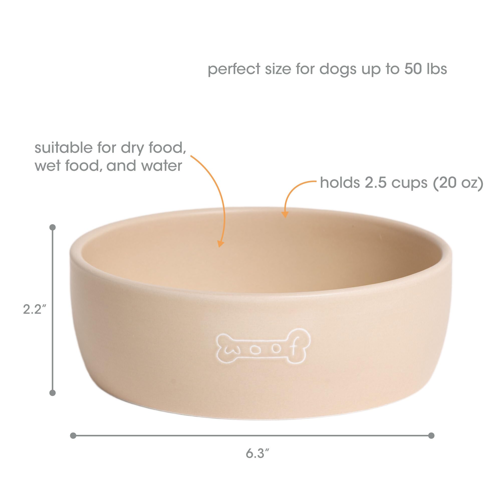 Pearhead Ceramic Dog Bowl, Neutral Taupe “Woof” Design, 3 Cup Non-Slip Stoneware