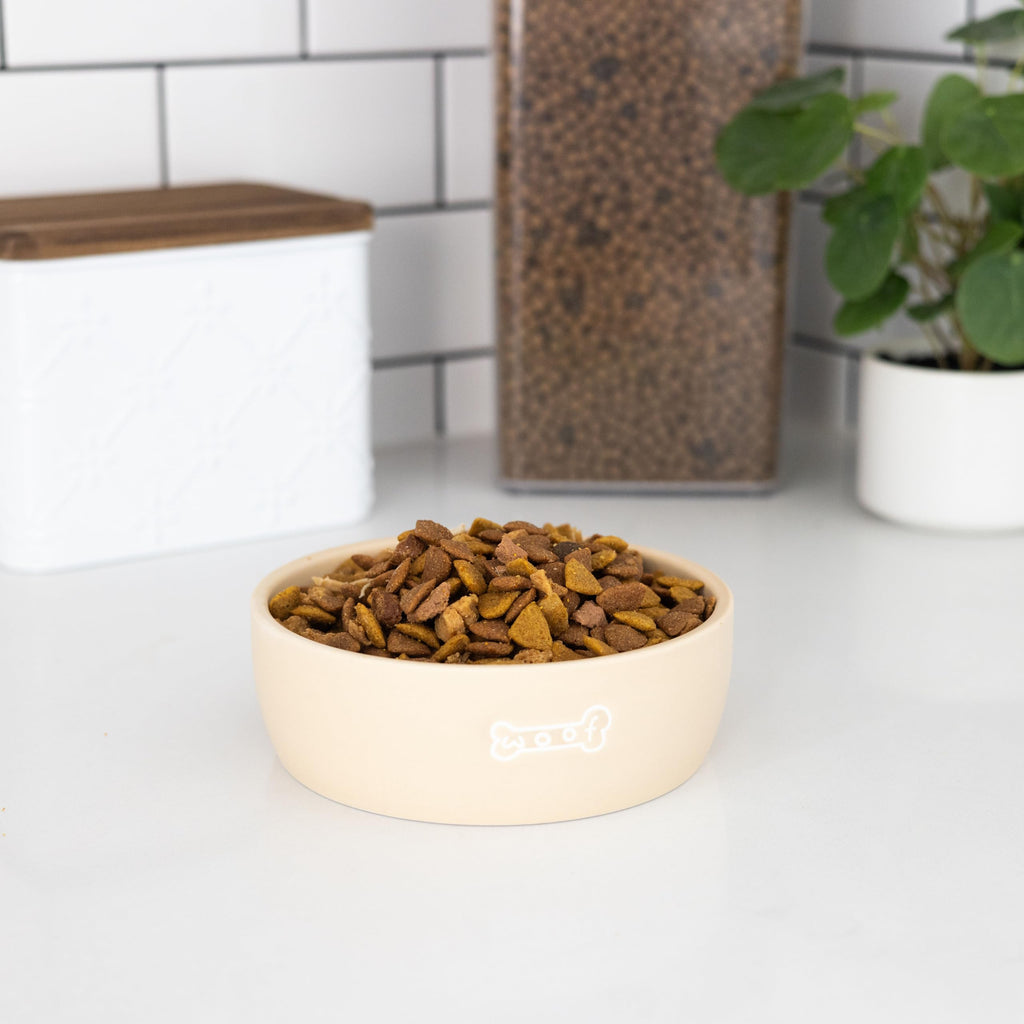 Pearhead Ceramic Dog Bowl, Neutral Taupe “Woof” Design, 3 Cup Non-Slip Stoneware
