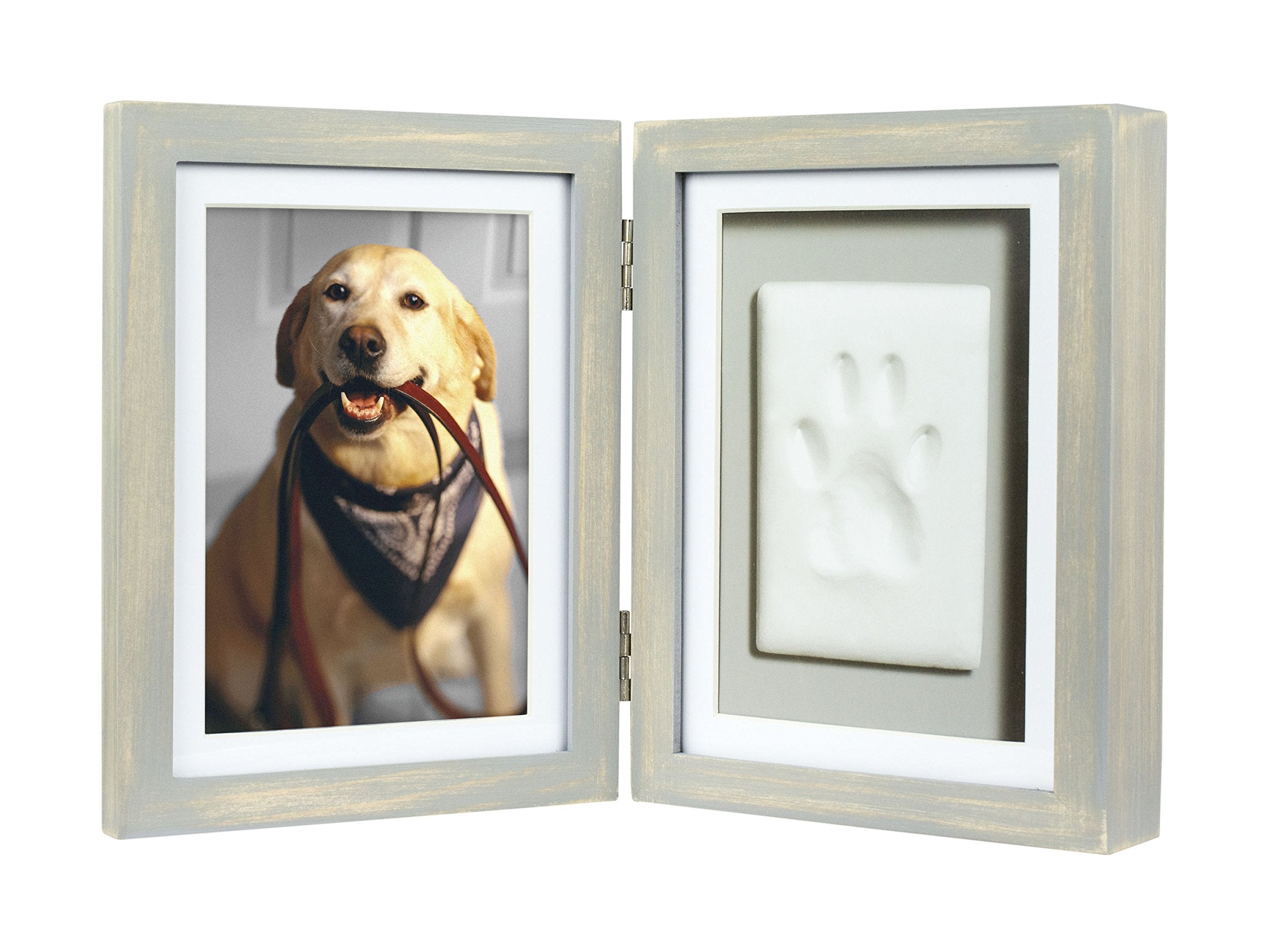 Pearhead Pet Paw Print Photo Frame with Clay Imprint Kit - Distressed Gray Wood Frame for Cats & Dogs