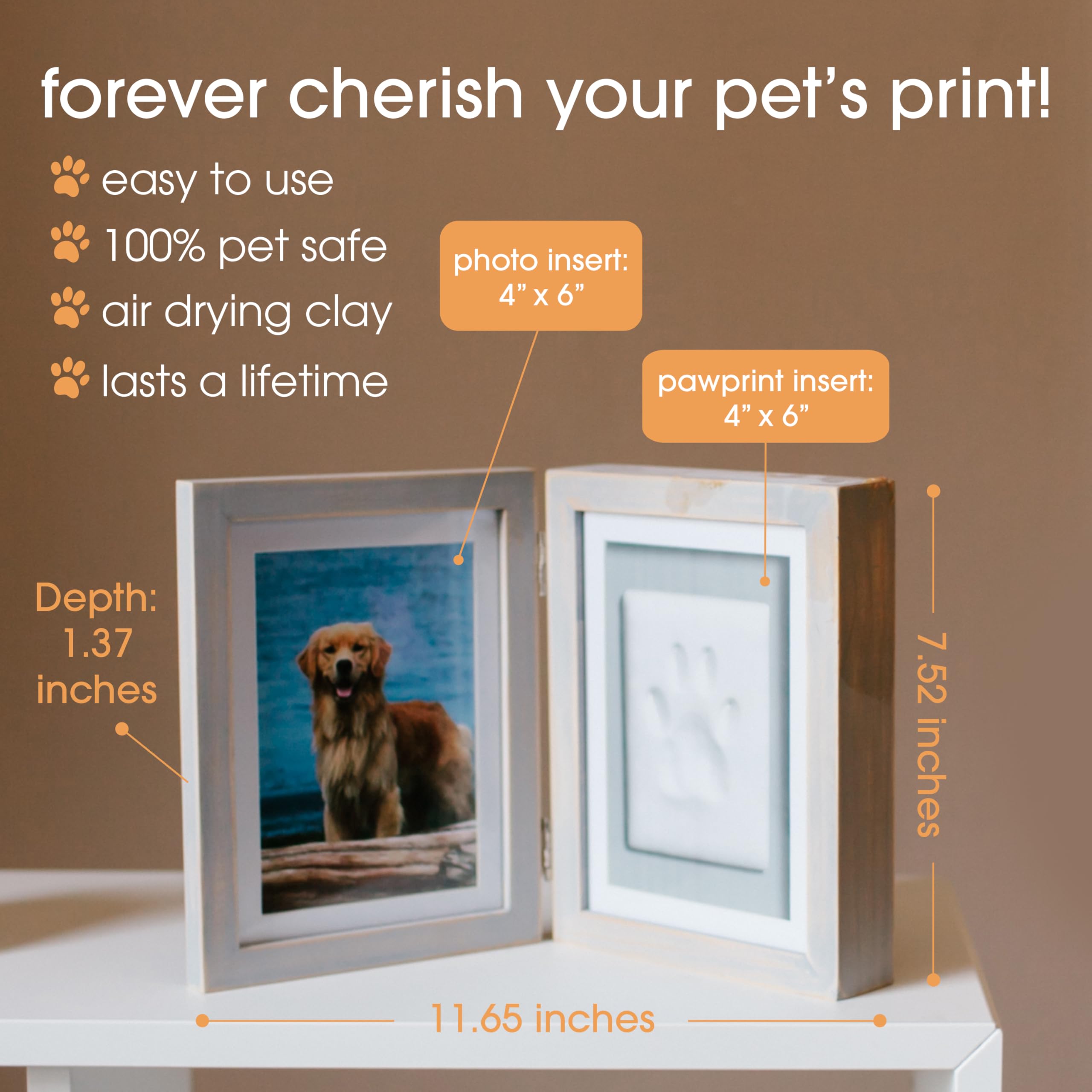 Pearhead Pet Paw Print Photo Frame with Clay Imprint Kit - Distressed Gray Wood Frame for Cats & Dogs