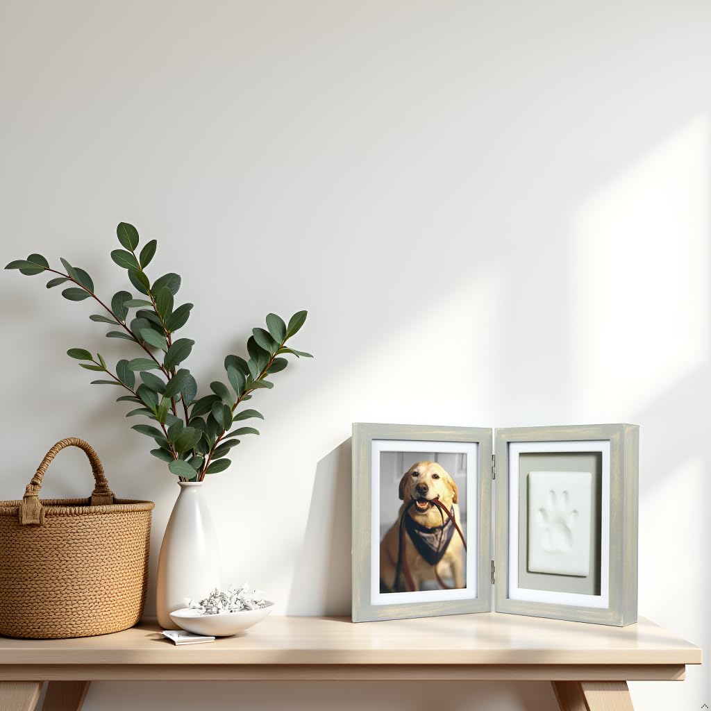 Pearhead Pet Paw Print Photo Frame with Clay Imprint Kit - Distressed Gray Wood Frame for Cats & Dogs
