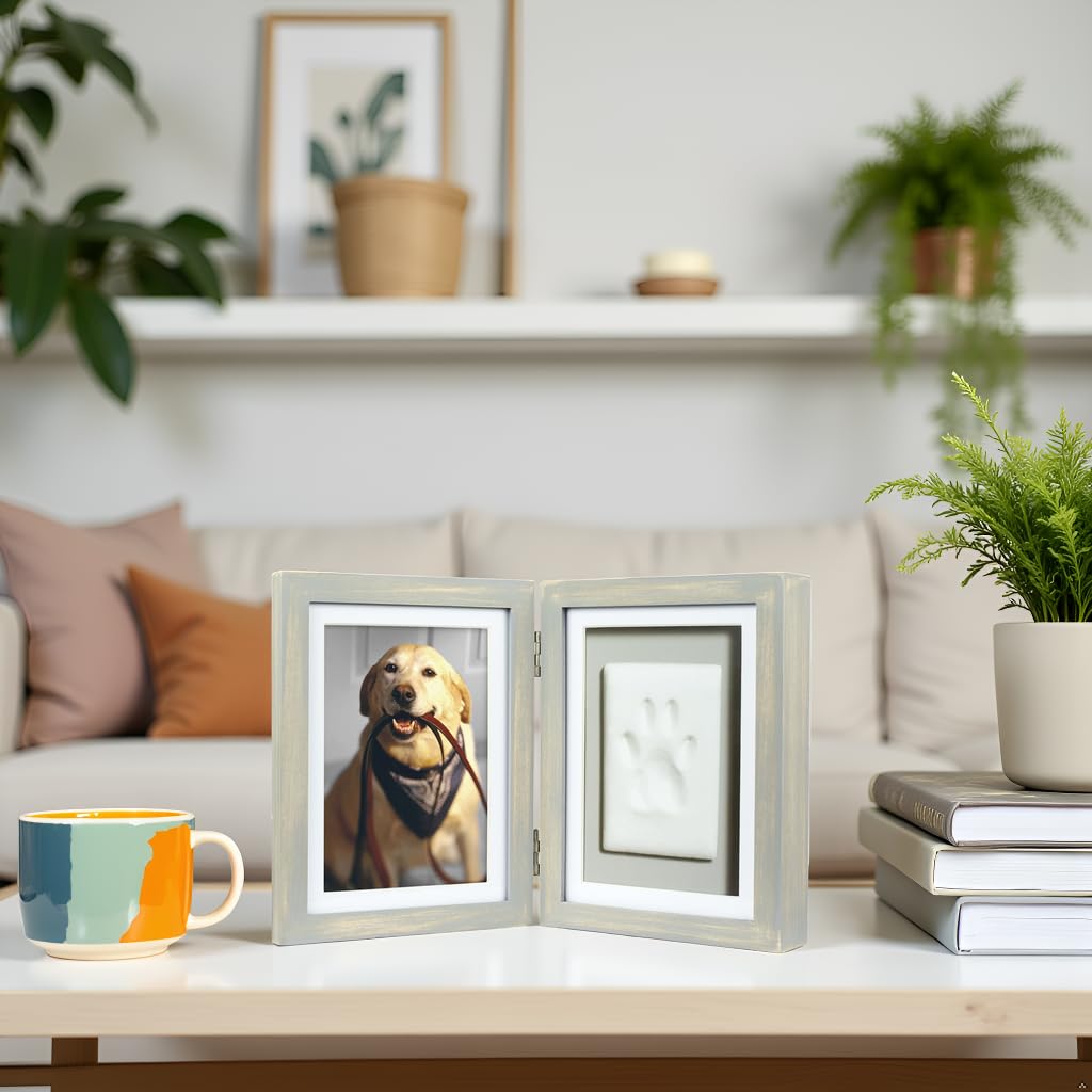 Pearhead Pet Paw Print Photo Frame with Clay Imprint Kit - Distressed Gray Wood Frame for Cats & Dogs