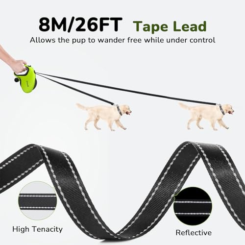 Pecute 26ft Retractable Dog Leash with Reflective Strip, Poop Bag Holder, for Dogs up to 110 lbs