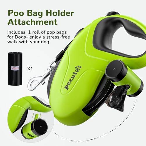 Pecute 26ft Retractable Dog Leash with Reflective Strip, Poop Bag Holder, for Dogs up to 110 lbs