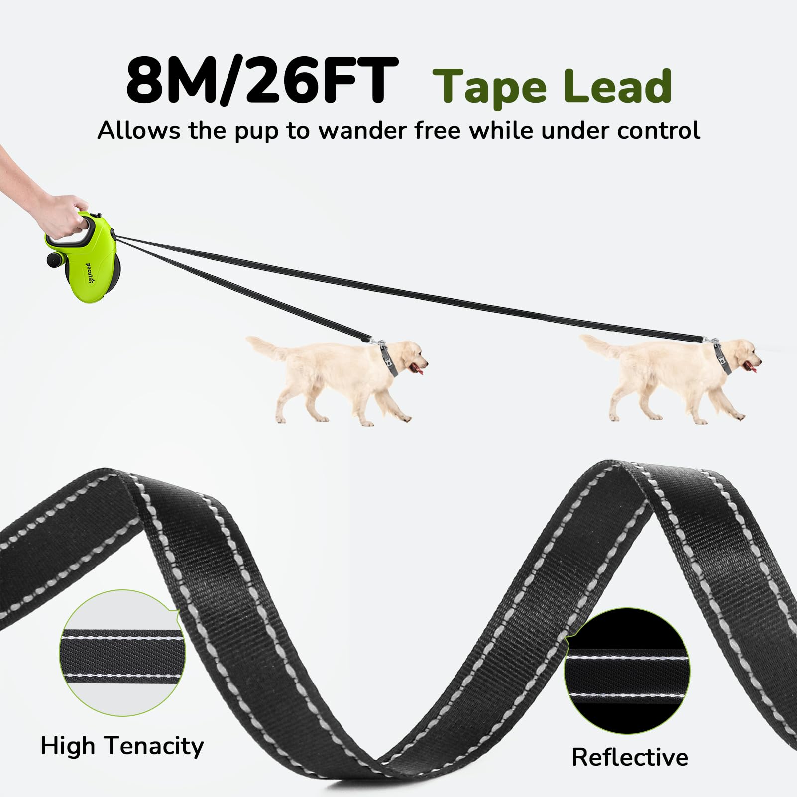Pecute 26ft Retractable Dog Leash with Reflective Strip, Poop Bag Holder, for Dogs up to 110 lbs