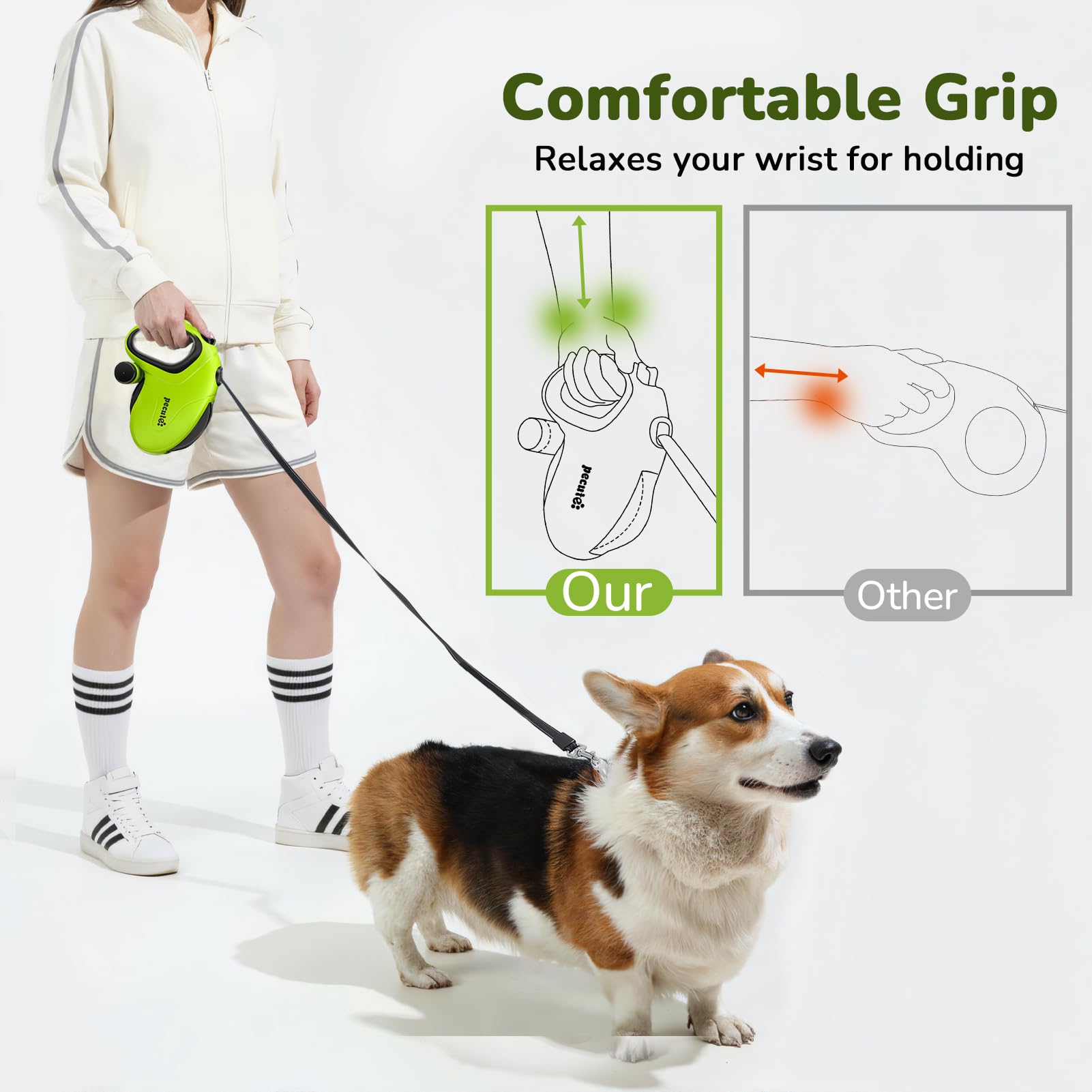 Pecute 26ft Retractable Dog Leash with Reflective Strip, Poop Bag Holder, for Dogs up to 110 lbs