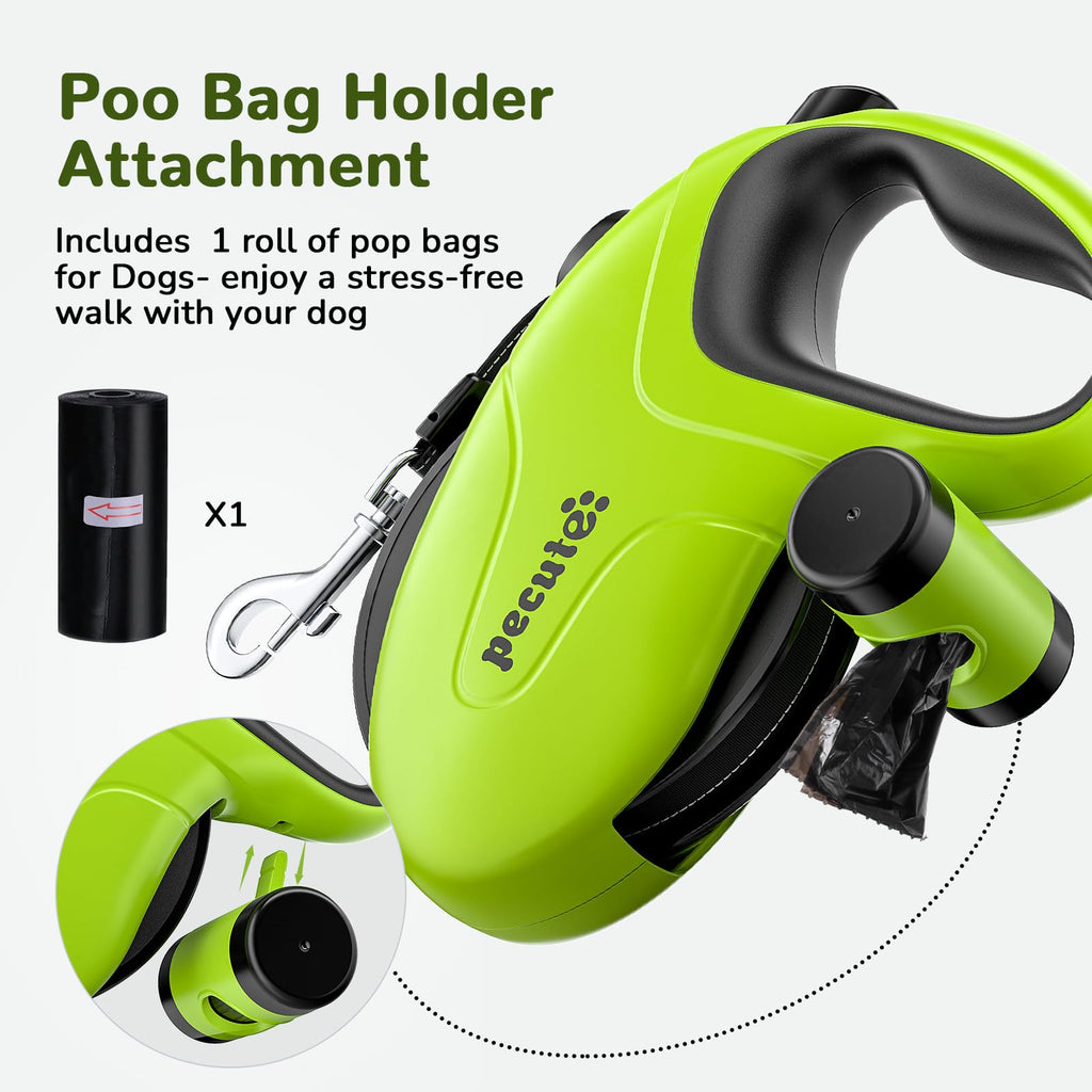 Pecute 26ft Retractable Dog Leash with Reflective Strip, Poop Bag Holder, for Dogs up to 110 lbs