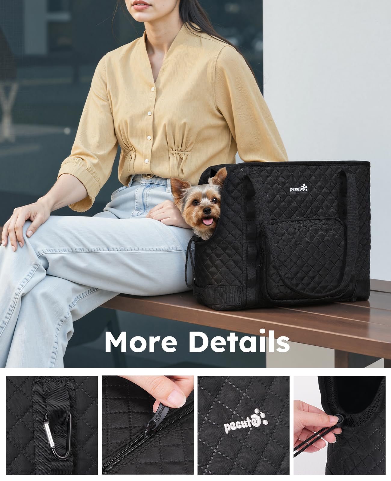 Pecute Dog Purse Carrier for Small Dogs – Black Lightweight Travel Tote with Safety Tether