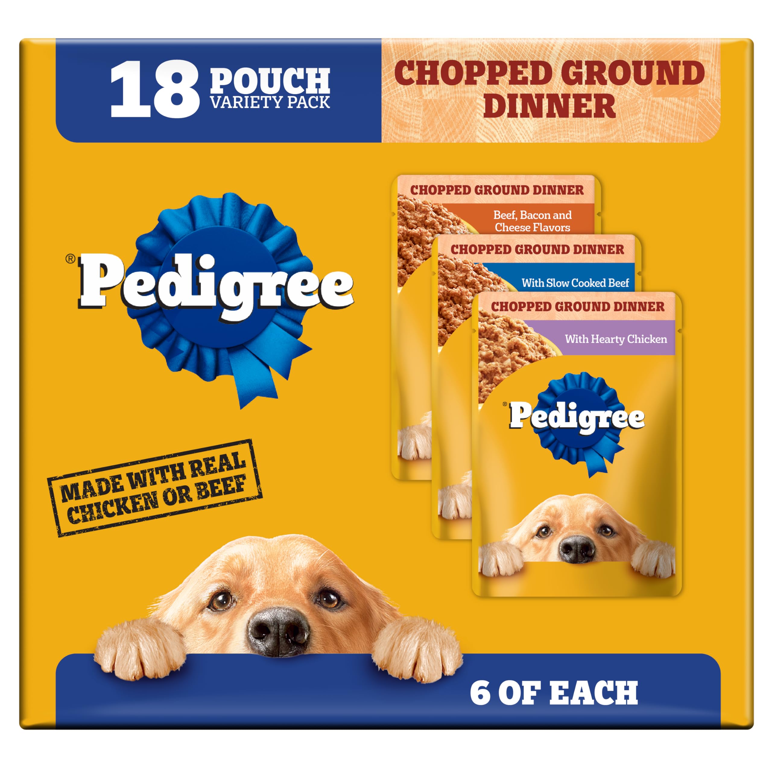 Pedigree Chopped Ground Dinner Wet Dog Food Pouches Variety Pack, 3.5 oz, 18 Count - Chicken, Beef, Bacon & Cheese Flavors