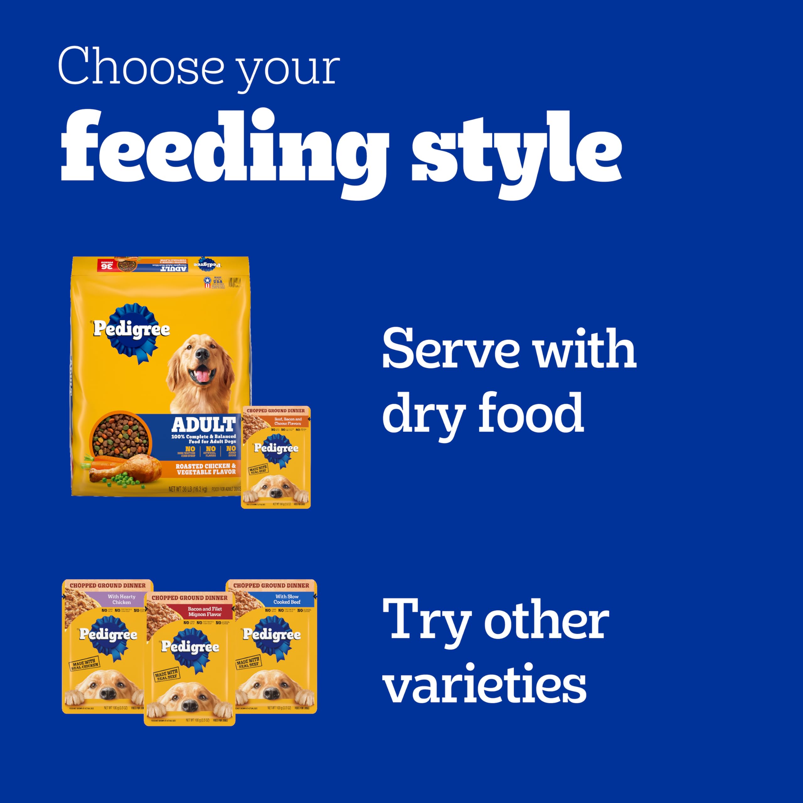Pedigree Chopped Ground Dinner Wet Dog Food Pouches Variety Pack, 3.5 oz, 18 Count - Chicken, Beef, Bacon & Cheese Flavors