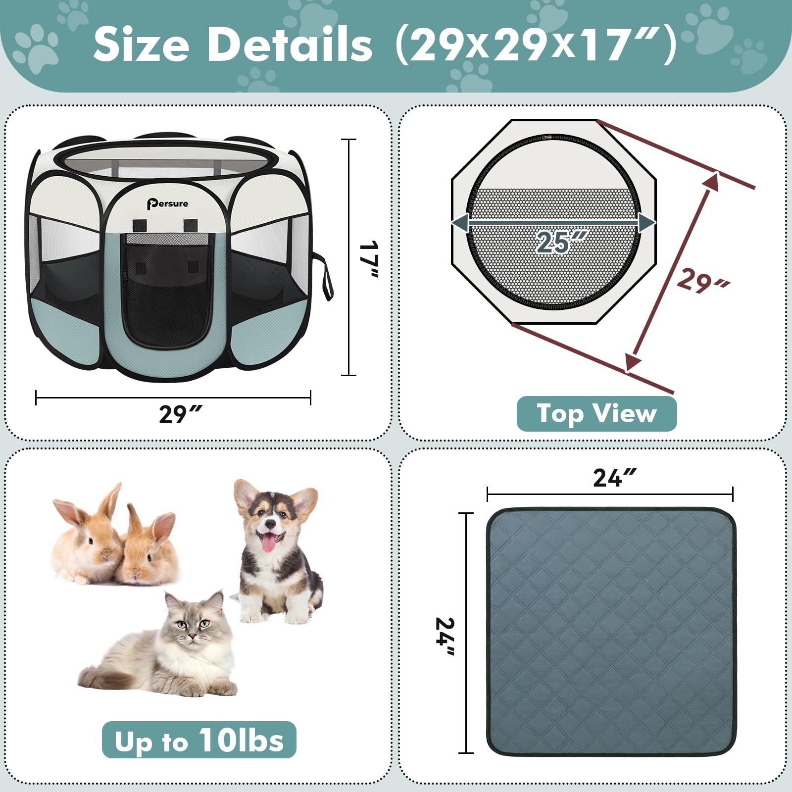 Persure Small Pop-Up Pet Playpen - Portable Indoor Outdoor Dog Cat Recovery Pen with Pad (Grey)
