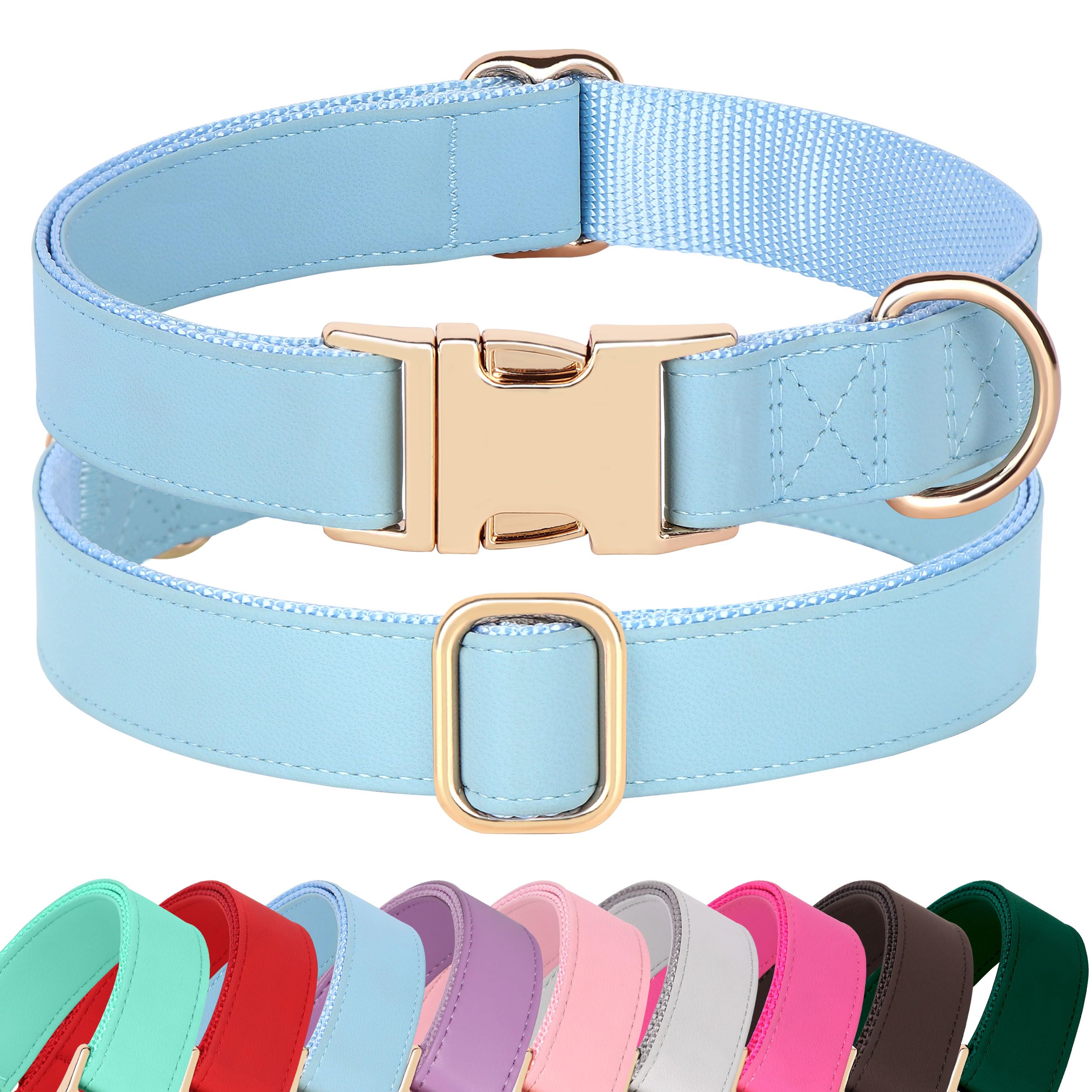 PET ARTIST Soft PU Leather Dog Collar for Medium Dogs - Blue, Nylon Padded with Quick Release Metal Buckle, Adjustable 13-19" Neck
