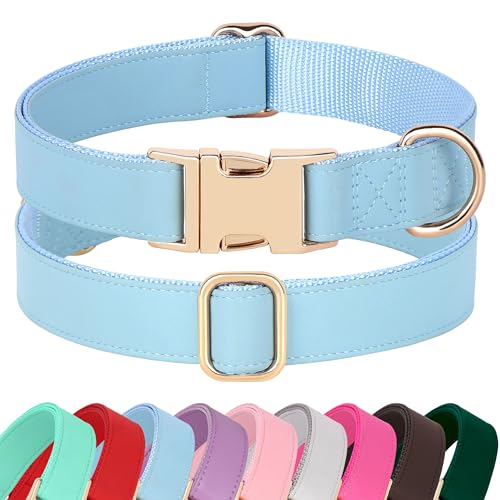PET ARTIST Soft PU Leather Dog Collar for Medium Dogs - Blue, Nylon Padded with Quick Release Metal Buckle, Adjustable 13-19" Neck
