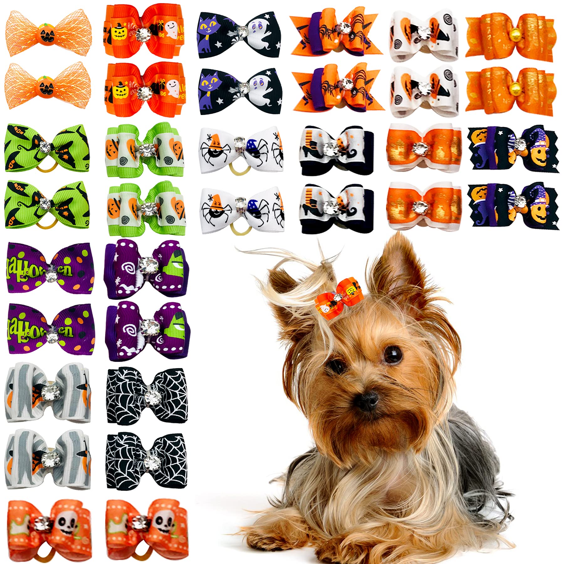 PET SHOW 50pcs Halloween Small Dog Hair Bows – Handmade Ribbon Bows with Rhinestones for Pets