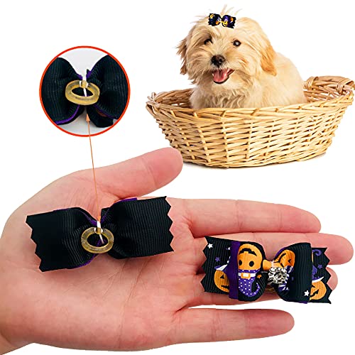 PET SHOW 50pcs Halloween Small Dog Hair Bows – Handmade Ribbon Bows with Rhinestones for Pets