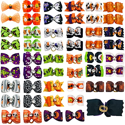 PET SHOW 50pcs Halloween Small Dog Hair Bows – Handmade Ribbon Bows with Rhinestones for Pets
