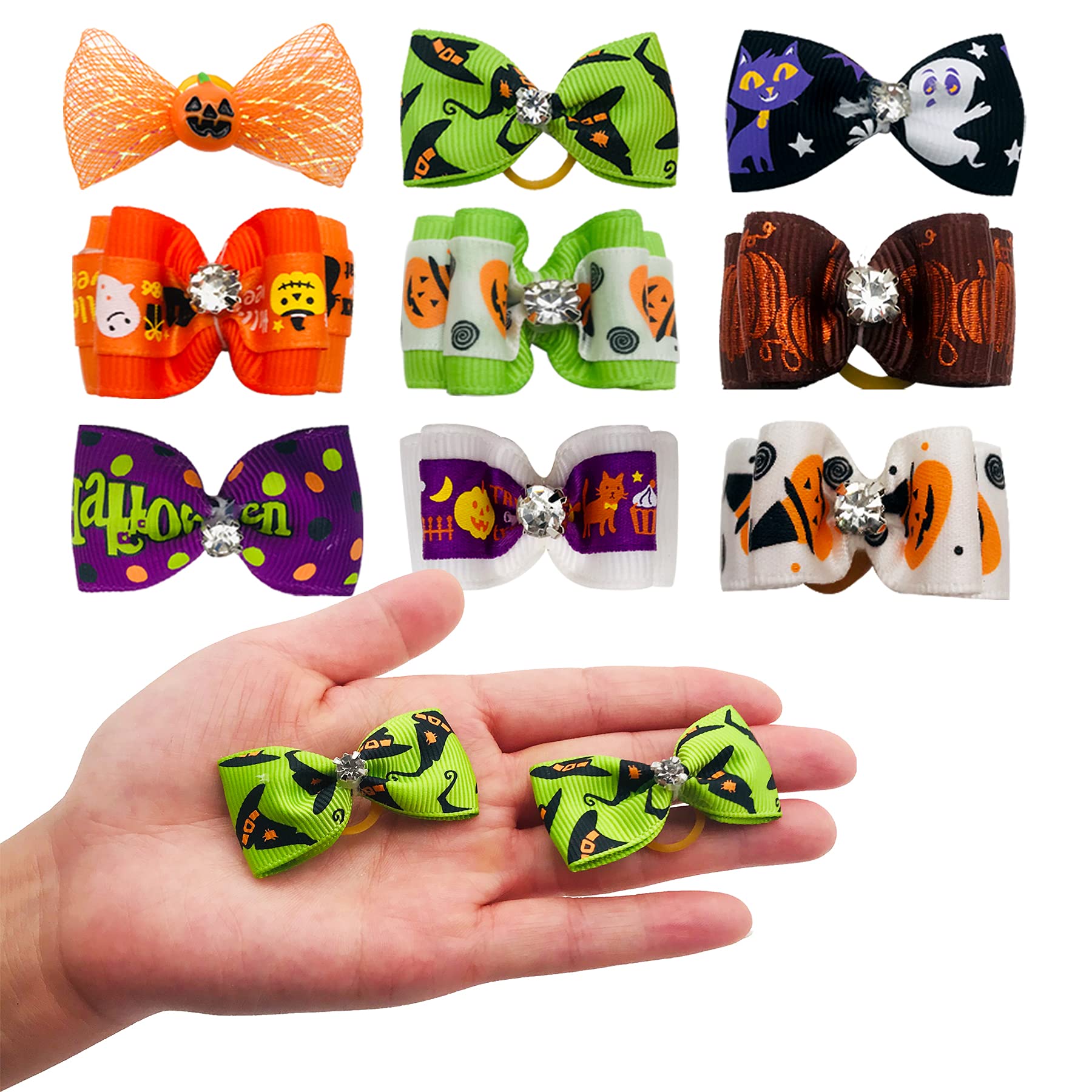 PET SHOW 50pcs Halloween Small Dog Hair Bows – Handmade Ribbon Bows with Rhinestones for Pets