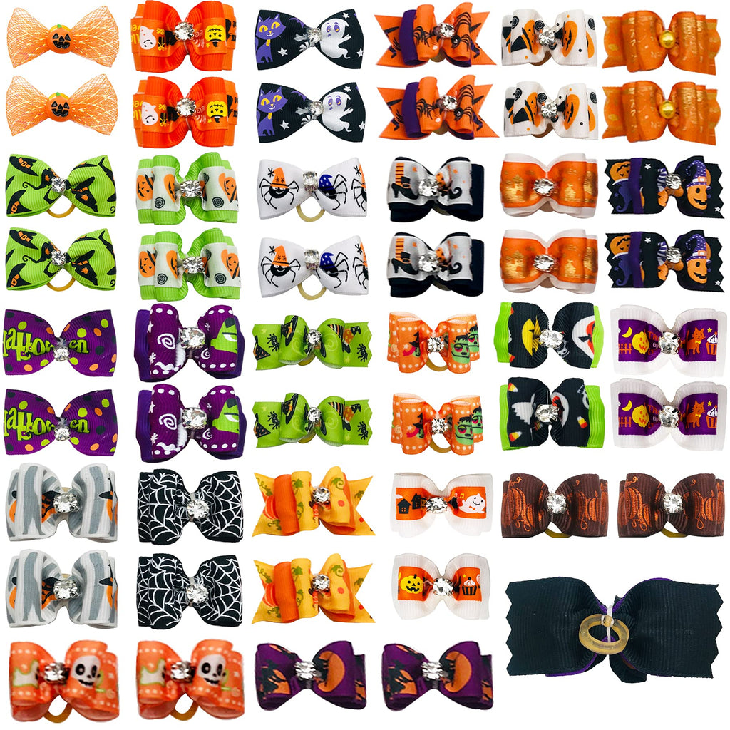 PET SHOW 50pcs Halloween Small Dog Hair Bows – Handmade Ribbon Bows with Rhinestones for Pets