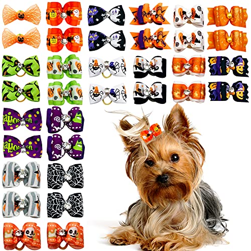 PET SHOW 50pcs Halloween Small Dog Hair Bows – Handmade Ribbon Bows with Rhinestones for Pets