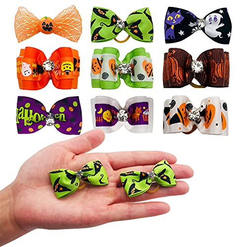 PET SHOW 50pcs Halloween Small Dog Hair Bows – Handmade Ribbon Bows with Rhinestones for Pets