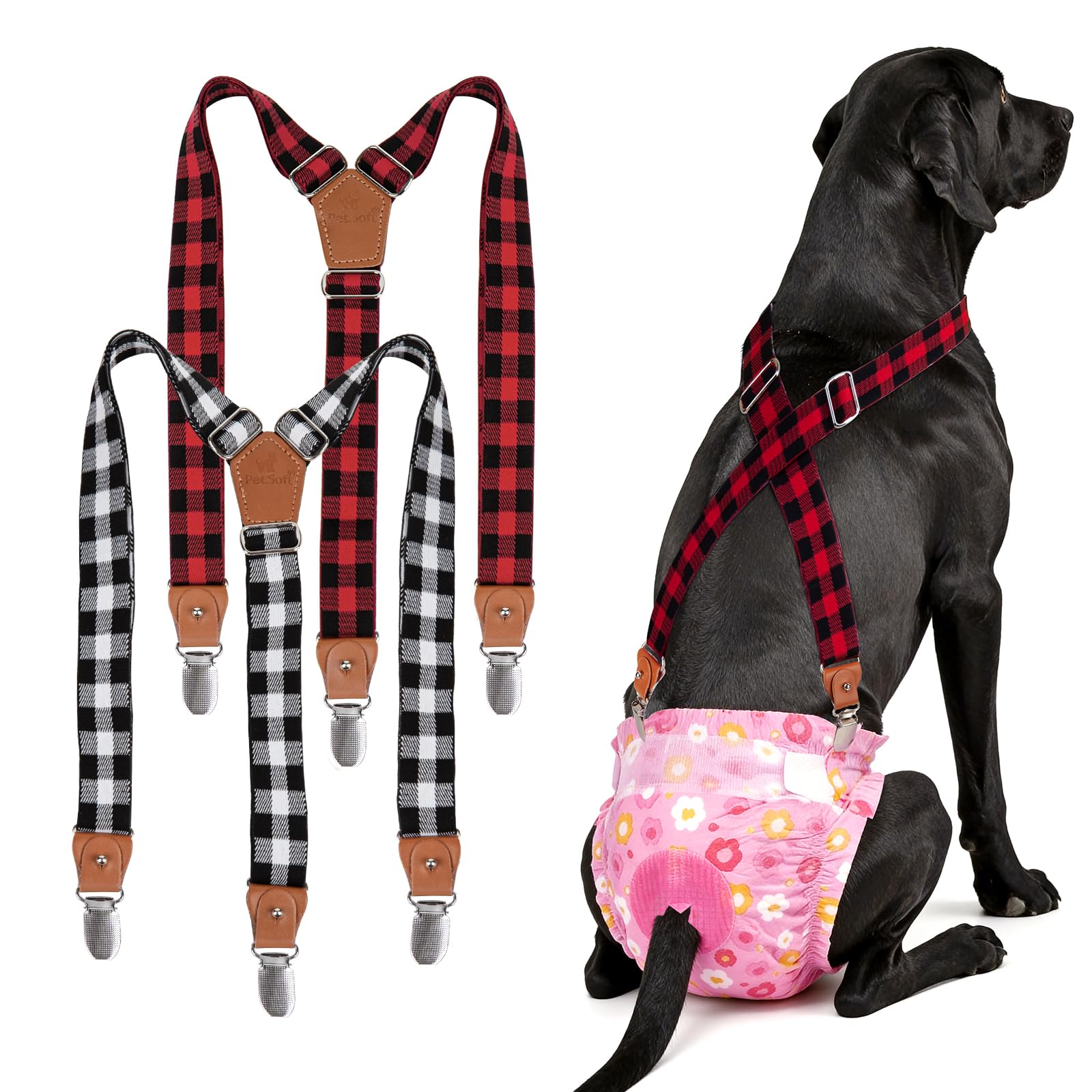 Pet Soft 2-Pack Dog Diaper Suspenders for Female Dogs, M/L - Plaid, Adjustable, Extra Clips