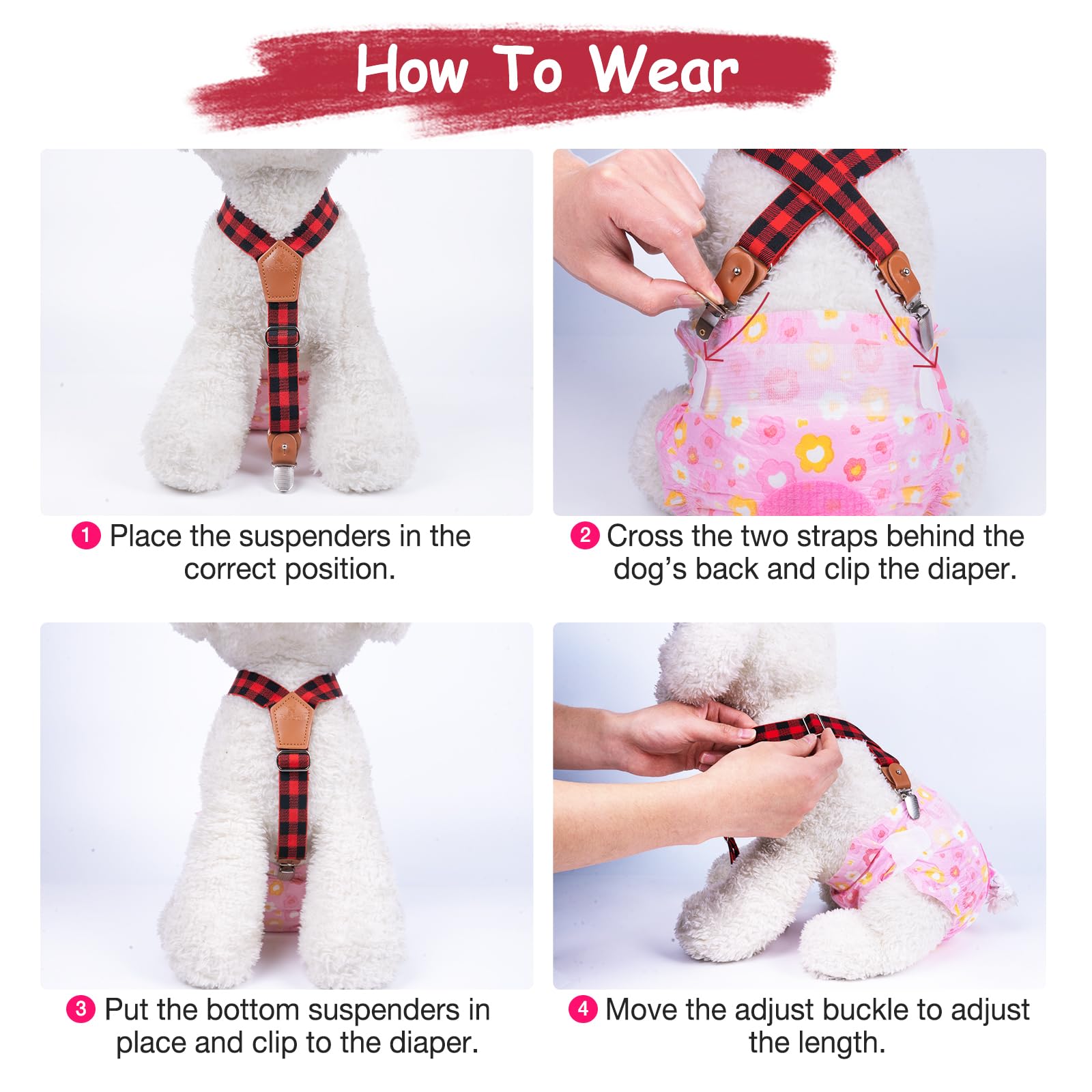 Pet Soft 2-Pack Dog Diaper Suspenders for Female Dogs, M/L - Plaid, Adjustable, Extra Clips