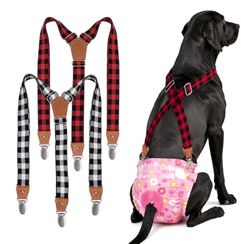 Pet Soft 2-Pack Dog Diaper Suspenders for Female Dogs, M/L - Plaid, Adjustable, Extra Clips