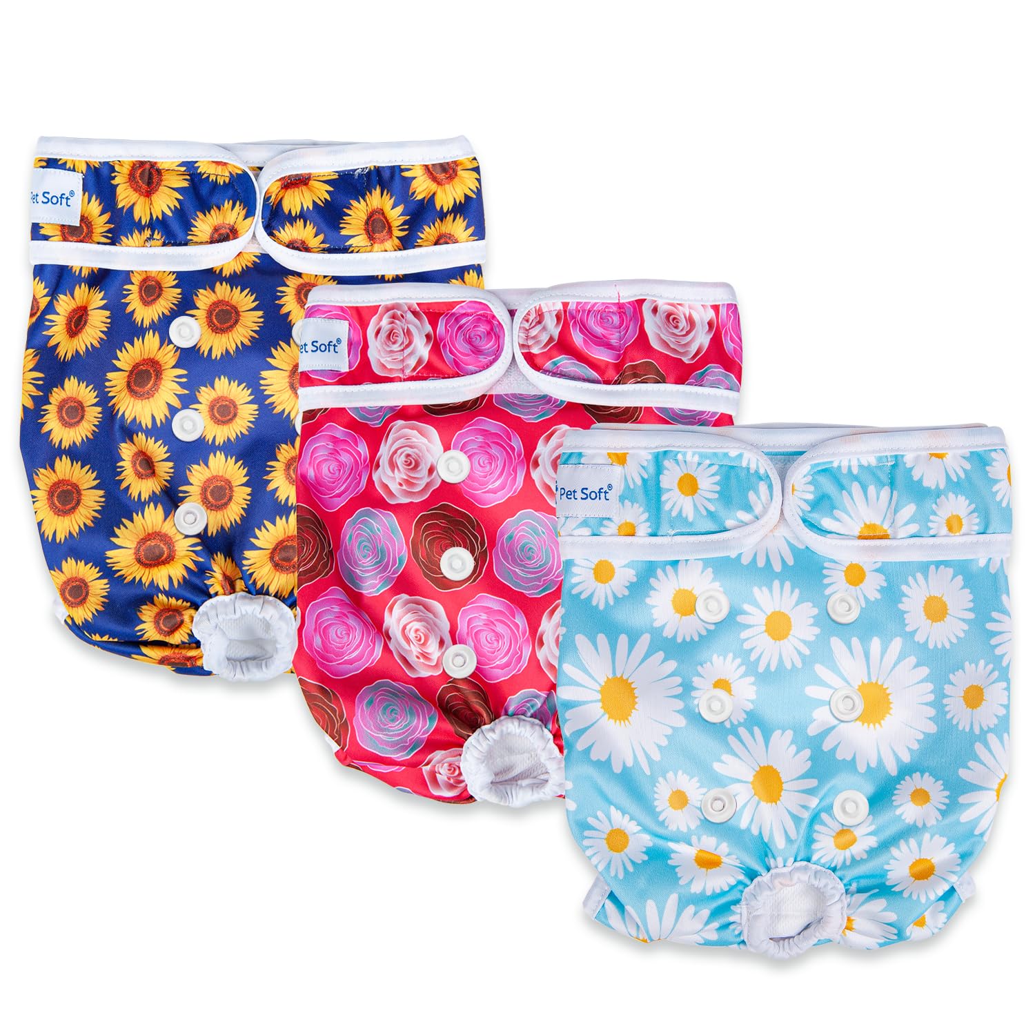 Pet Soft 3-Pack Washable Female Dog Diapers – Reusable Period Panties for Dogs in Heat, Size M (Flower Pattern)