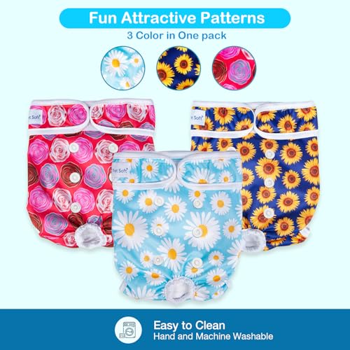 Pet Soft 3-Pack Washable Female Dog Diapers – Reusable Period Panties for Dogs in Heat, Size M (Flower Pattern)