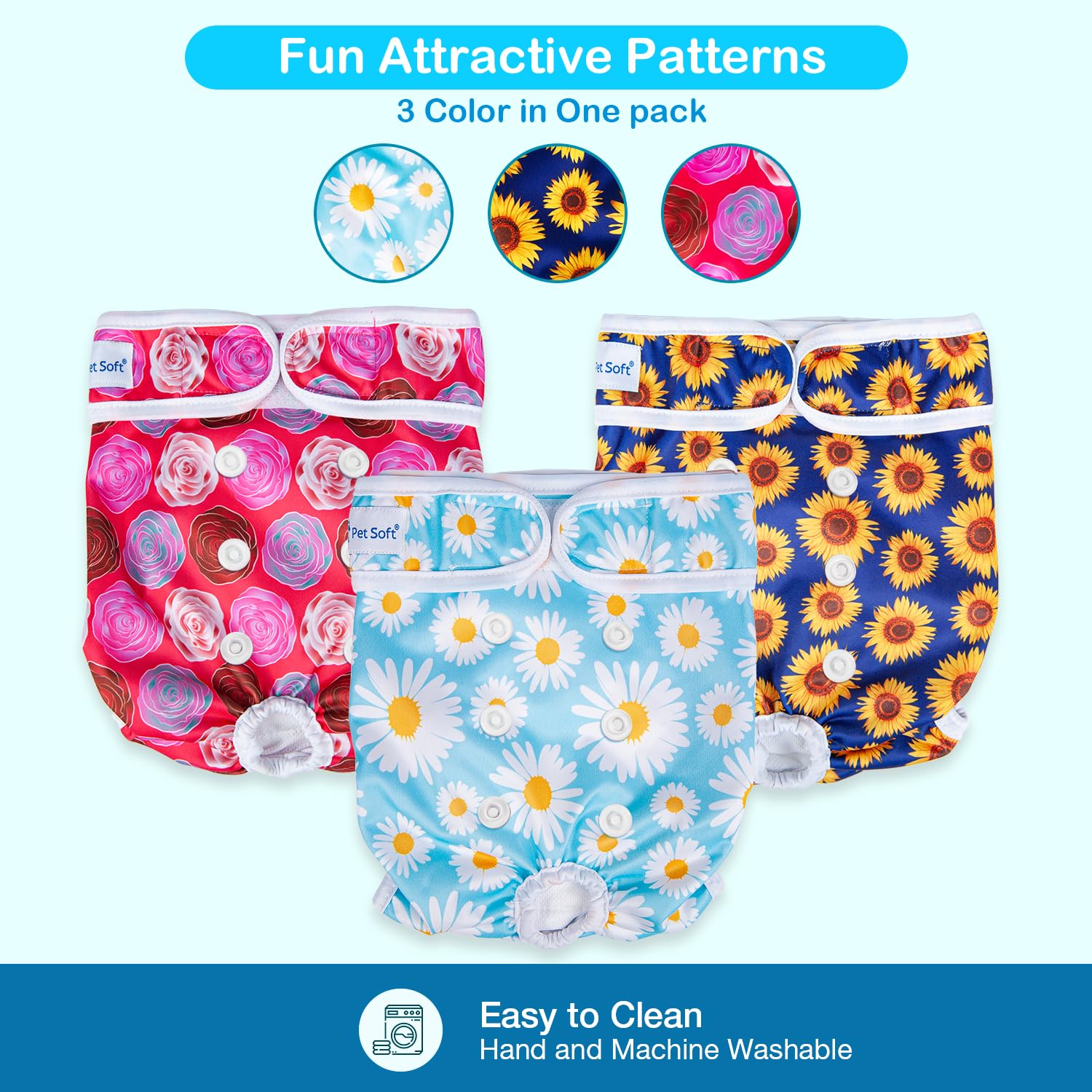 Pet Soft 3-Pack Washable Female Dog Diapers – Reusable Period Panties for Dogs in Heat, Size M (Flower Pattern)