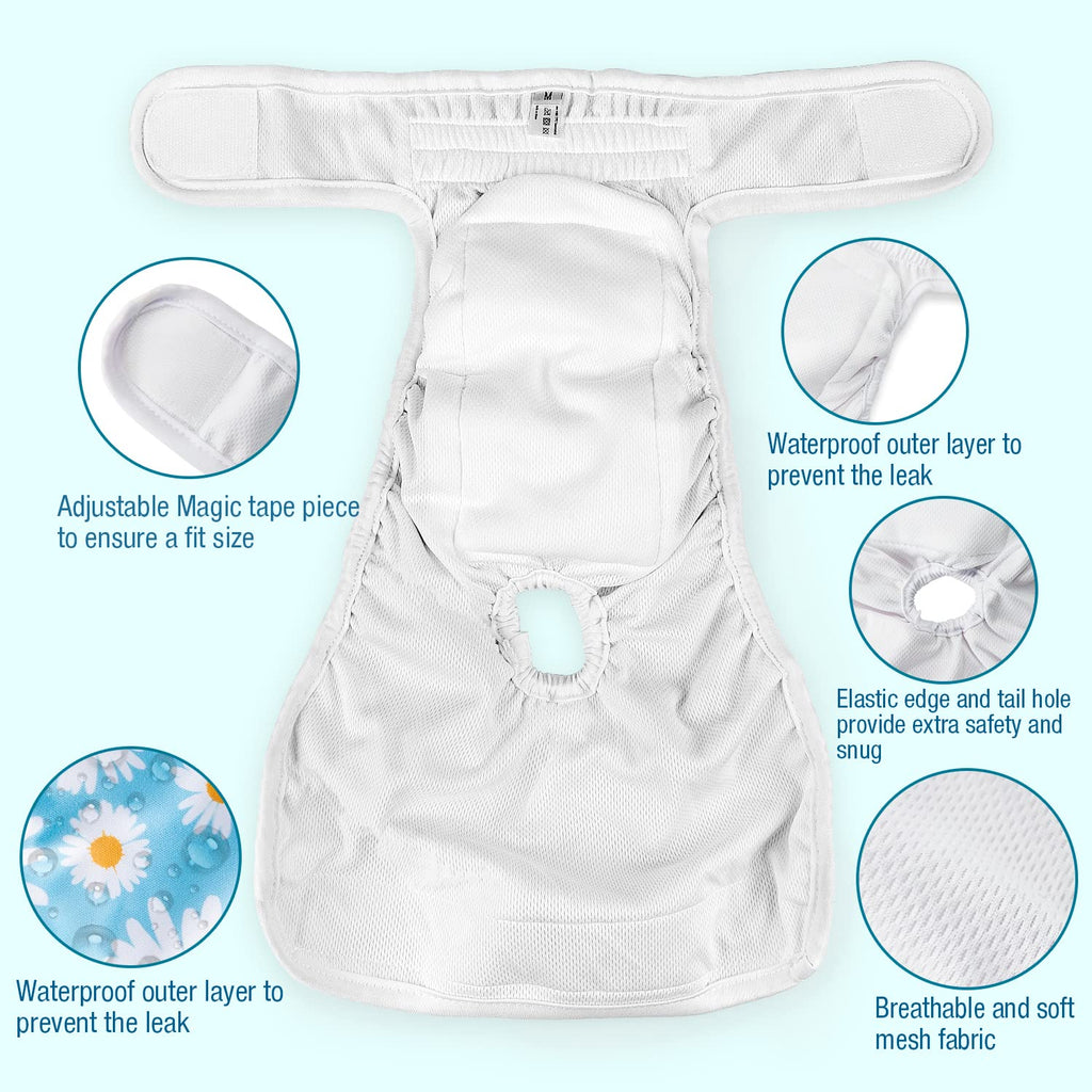 Pet Soft 3-Pack Washable Female Dog Diapers – Reusable Period Panties for Dogs in Heat, Size M (Flower Pattern)
