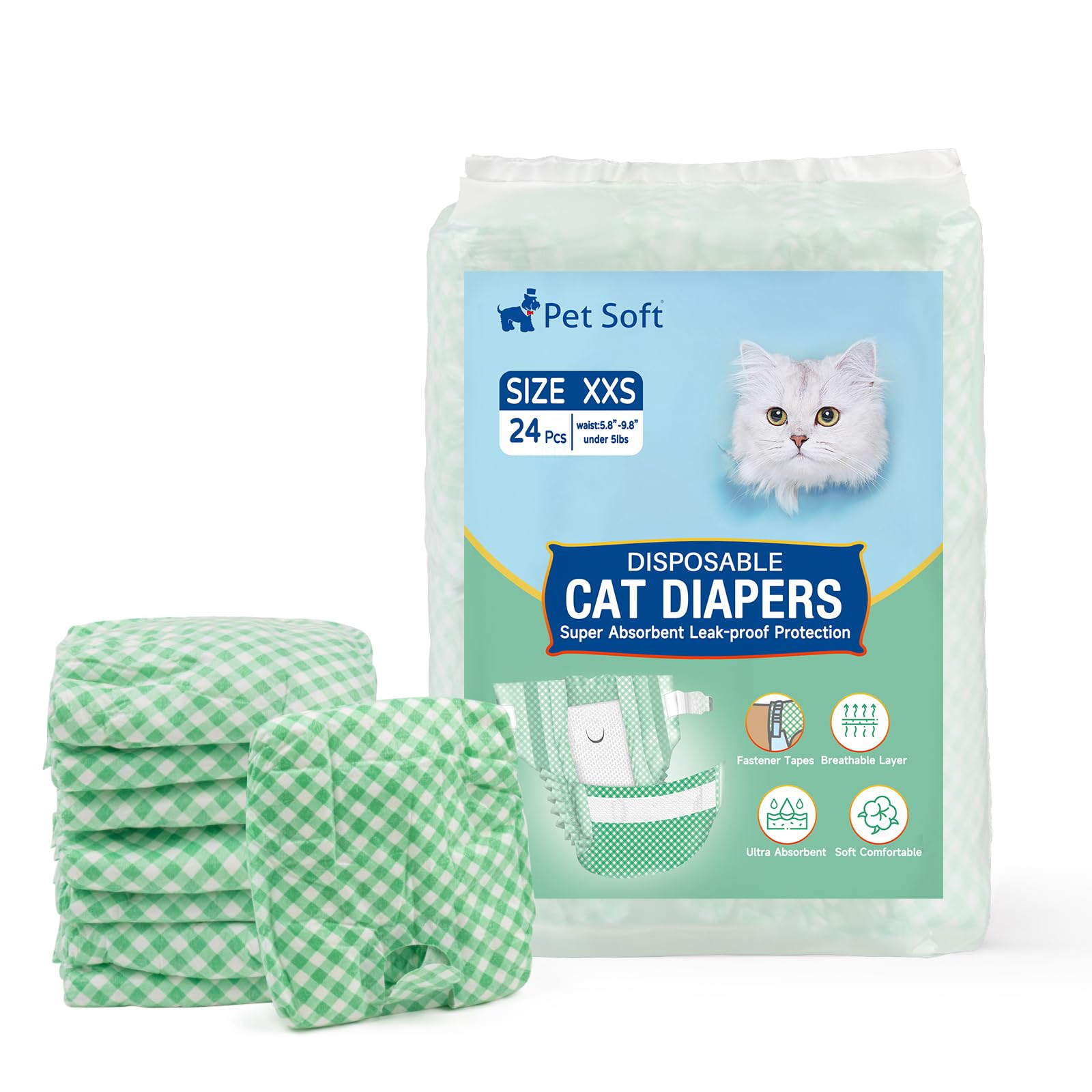 Pet Soft Disposable Cat Diapers XXS - 24 Pack Green Plaid for Small Pets Under 5 lbs